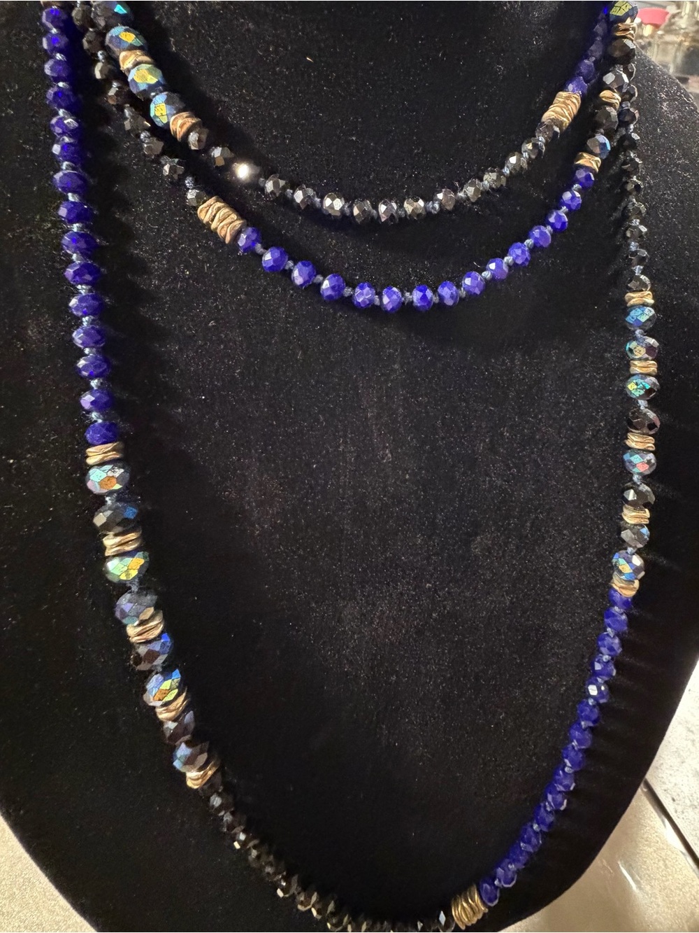 Layered Blue and Black Faceted Bead Necklace with Gold Accents
